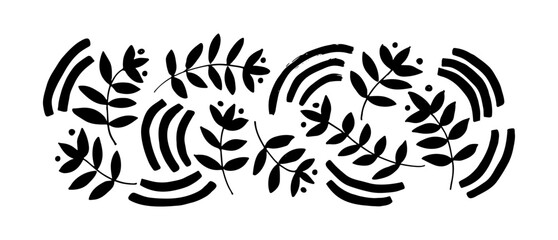 Abstract silhouettes leaves and branches isolated on white. Hand drawn black brush painted branches with rounded lines collection. Eucalyptus, basil or olive modern vector clip arts. 