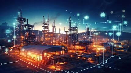 Fototapeta premium Modern factory, communication network. Telecommunication. IoT, Internet of Things, ICT, Information communication Technology,. Smart factory. Digital transformation, cloud connecting, generate by AI