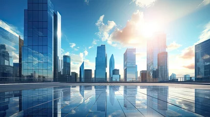 Modern office building or business center. High-rise windor buildings made of glass reflect the clouds and the sunlight. empty street outside  wall modernity civilization. growing up business © pinkrabbit