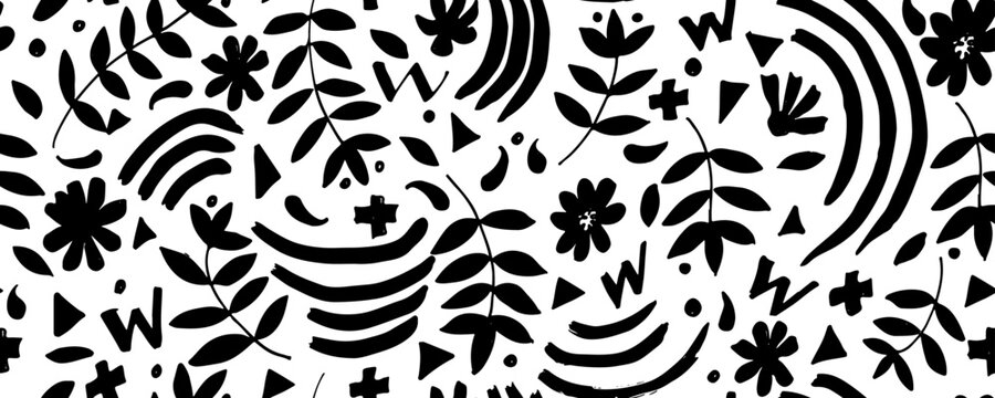 Hand drawn seamless pattern with black flowers and leaf plus geometric elements . Seamless texture for fashion prints, wrapping, textile, paper, wallpaper. Vector graphic illustration.