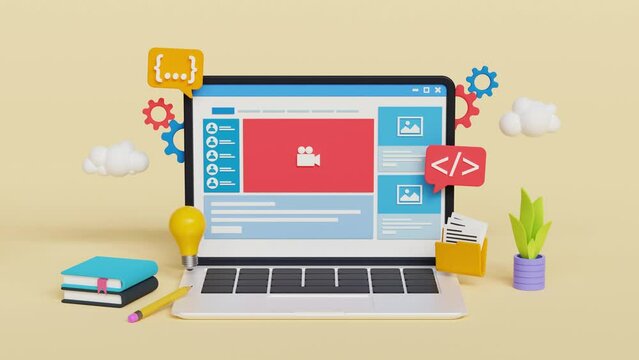 3D Web Development concept, Laptop with creative ideas for web and app design and development. 4k 3d loop animation