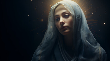 Woman in image Virgin Mary Mother of Jesus Christ in holy light. Portrait of young woman in veil in rays of the sun. Mother of God, Biblical motif.The Assumption of the Blessed Virgin Mary, August 15 - obrazy, fototapety, plakaty