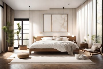 An inviting bedroom with wooden accents and calming decor, where a white canvas frame for a mockup adds an element of artistic elegance.
