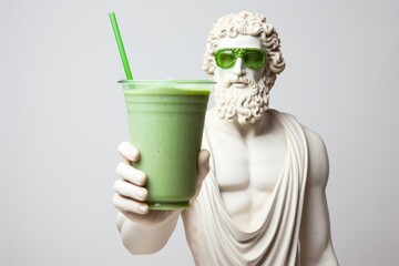 Sculpture of the greek god Dionysus wearing green sunglasses with a smoothie glass on a white background. © SOLDATOOFF