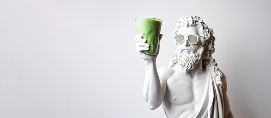 Banner with a sculpture of the Greek god Dionysus wearing green sunglasses with a smoothie glass on a white background.