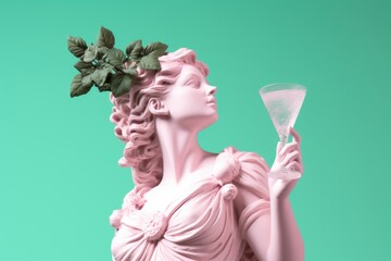 Greek goddess Aphrodite with a glass of pink wine on a turquoise background.