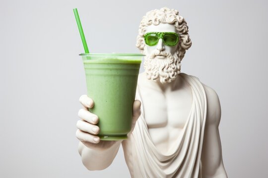 Sculpture Of The Greek God Dionysus Wearing Green Sunglasses With A Smoothie Glass On A White Background.