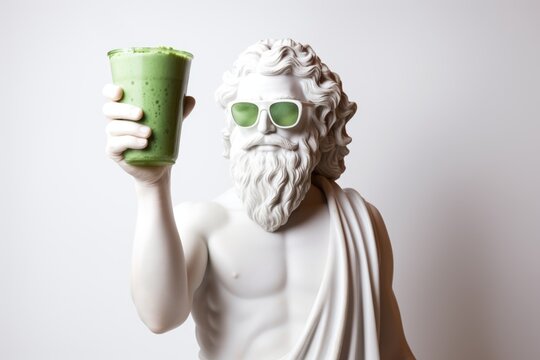 Sculpture of the greek god Dionysus wearing green sunglasses with a smoothie glass on a white background.