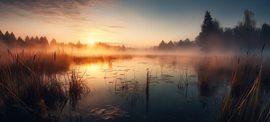 Obraz premium Small river, lake in a calm scenery of countryside with dried reeds and grasses. Sunrise mood, golden fog over the fields, nature. Calm, meditative mood of early mornings in fall and winter.