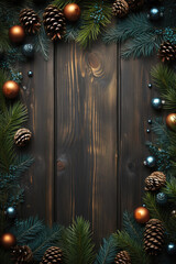 Christmas tree branch decorations on a wooden table.  - obrazy, fototapety, plakaty