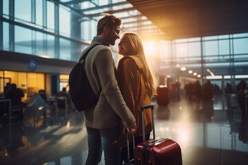 Traveling couple with luggage standing together