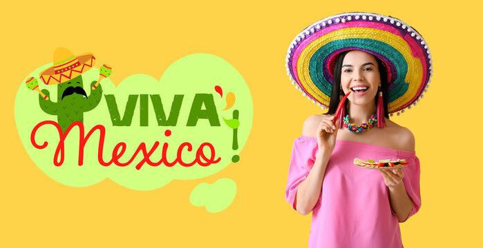 Banner for Happy Mexican Independence Day with young woman and food