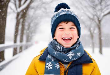 Portrait of a smiling little boy in winter clothes and hat on a snowfall background