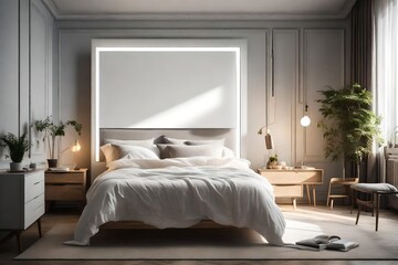 A well-lit bedroom with a white canvas frame for a mockup above the bed, resonating with the room's serene atmosphere.
