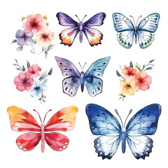 Vibrant Watercolor Butterflies: Colorful Set with White Backdrop