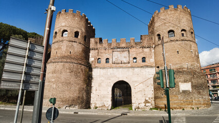 Ancient majestic and well preserved Porta San Paolo gate one of the southern gates of the Aurelian Walls in Rome.