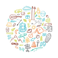 Vector round illustration from a collection of camping and hiking items in the doodle style.