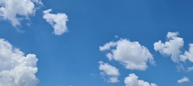 Panoramic View of Fluffy Cloudscape in Clear Blue Sky