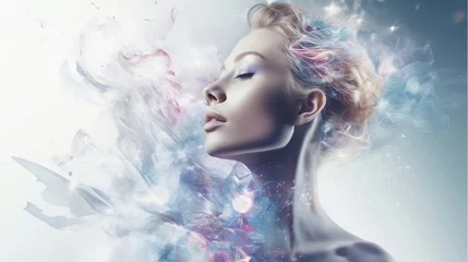 Poster Young woman  Girl in abstract smoke  and water drops Fashion spa salon advertising. Abstract fashion concept. © Egor