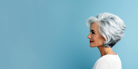 older woman's silver hair, elegantly styled, set against a pastel blue background, room for copyspace