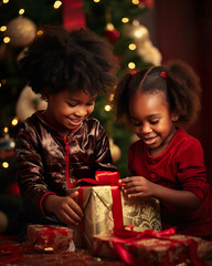 Joyful African American Siblings Celebrating Christmas by the Tree. Generative AI