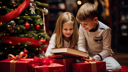 Obraz na płótnie Canvas Joyful Siblings Embrace Christmas Spirit with Gifts by the Tree. Generative AI