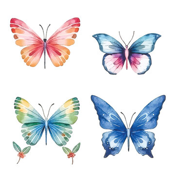 Butterfly Kaleidoscope: Watercolor Colorful Set on White Background