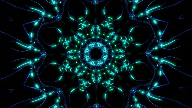 Animation of star electric radio wave spreading on dark background. Design. Electric charges in digital mandala pattern.
