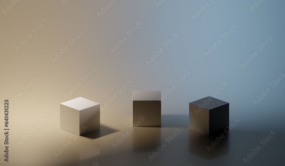 Poster abstract 3d cubes on a dark background. modern horizontal background or banner with empty platforms.