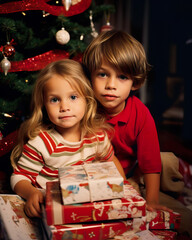 Fototapeta na wymiar Joyful Siblings Embrace Christmas Spirit with Gifts by the Tree. Generative AI