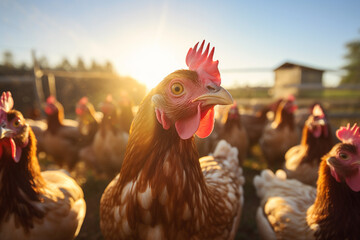 Free-range chickens. Life in farm