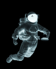 astronaut is drifting and holding a bullhorn on his hand