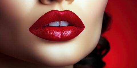 woman's glossy lips, capturing the perfect pout against a ruby red background
