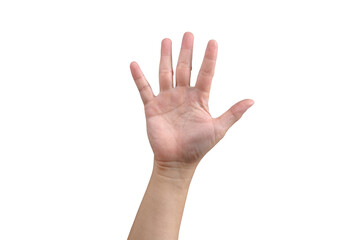 Cut out of Man hand show 5 fingers gesture isolate from background. Number five, hand waving concept.