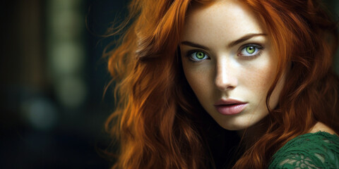 woman's captivating green eyes, contrasting beautifully with her auburn hair