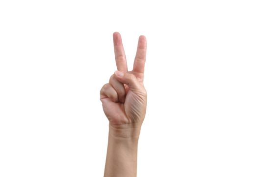 Cut out of Man hand show 2 fingers gesture isolated from background. Number two and victory cheer up concept.