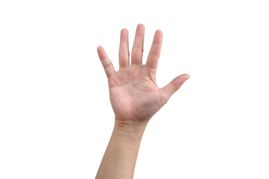 Cut out of Man hand show 5 fingers gesture isolate from background. Number five, hand waving concept.