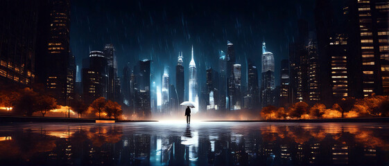 Fototapeta na wymiar Wolkenkratzer bei Nacht. Ein Mensch betrachtet die Silhouette. Minimalismus Aquarell.
