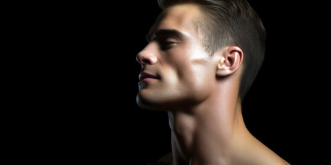 man's strong jawline and neck, emphasizing natural contours against a black background, room for copyspace