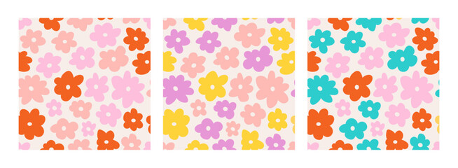 Seamless patterns with vintage vector groovy flowers. Modern elements. Stylized flower silhouettes on a light background. Surface design, textile, stationery, wrapping paper, and covers