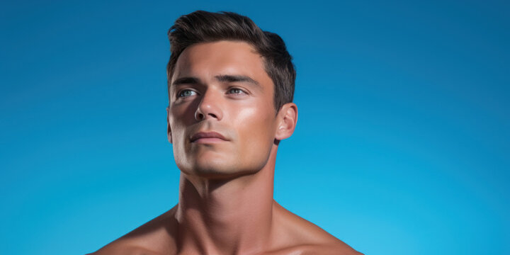 man's clean-shaven face, highlighting smooth skin and a youthful appearance against a sky-blue background, room for copyspace