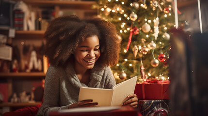 Joyful African American Teenage Girl Celebrating Christmas with Gifts by the Tree. Generative AI