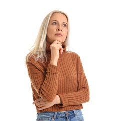 Thoughtful mature woman on white background