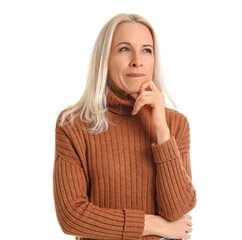 Thoughtful mature woman on white background