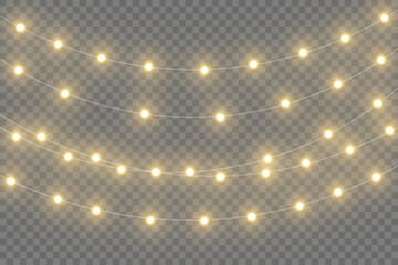 Christmas lights set. Vector New Year decorates garland with glowing light bulbs