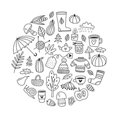 Round illustration of autumn elements and objects drawn by hand in the style of doodles.