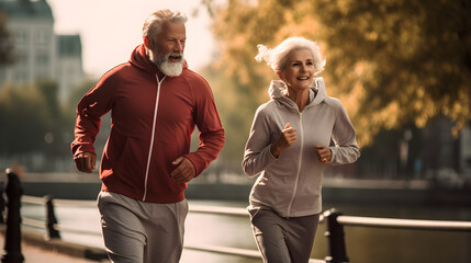 An Old Man and Lady doing Sports in the park in their Sweaters