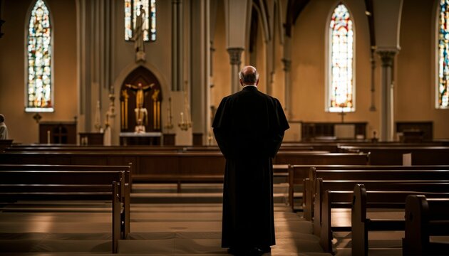 Faithful priest praying in catholic church, devoted prayer