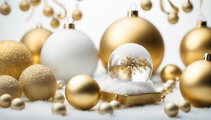 Fototapeta premium Winter holiday wallpaper with white and gold ornaments - Christmas baubles, empty glass snowball, isolated on white background, festive