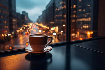 Schilderijen op glas cup of coffee on  table top in street cafe at night ,view on rainy city blurred light and houses, © Aleksandr